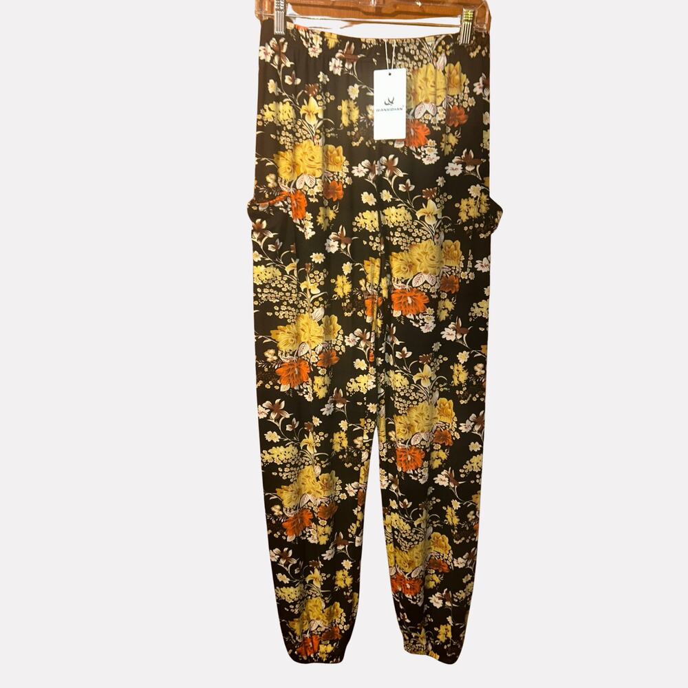 NWT Qianxizthan Black Yellow Floral Harem Boho Pants Size M Hippie Wide Leg